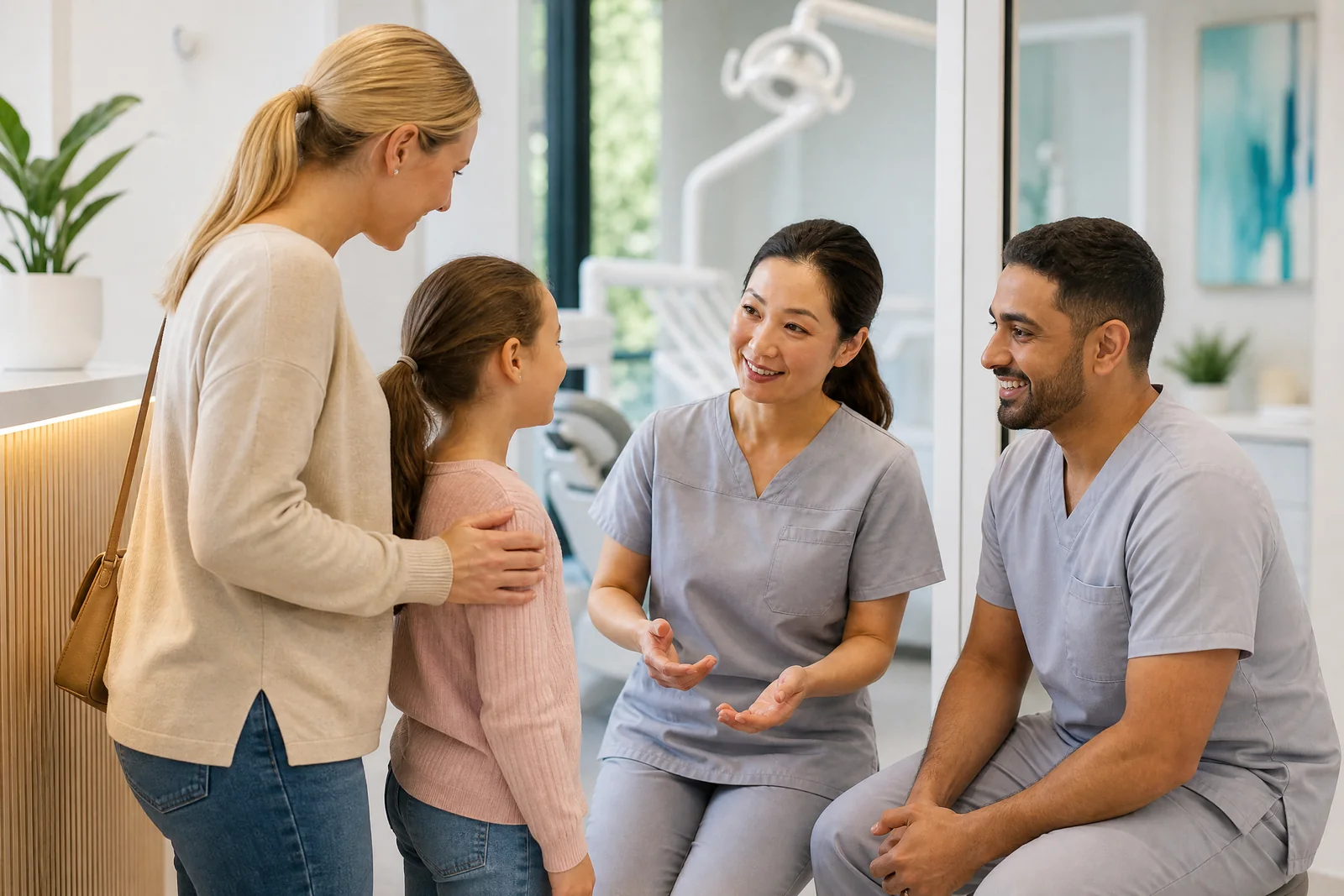 A welcoming dental team greeting a parent and child.