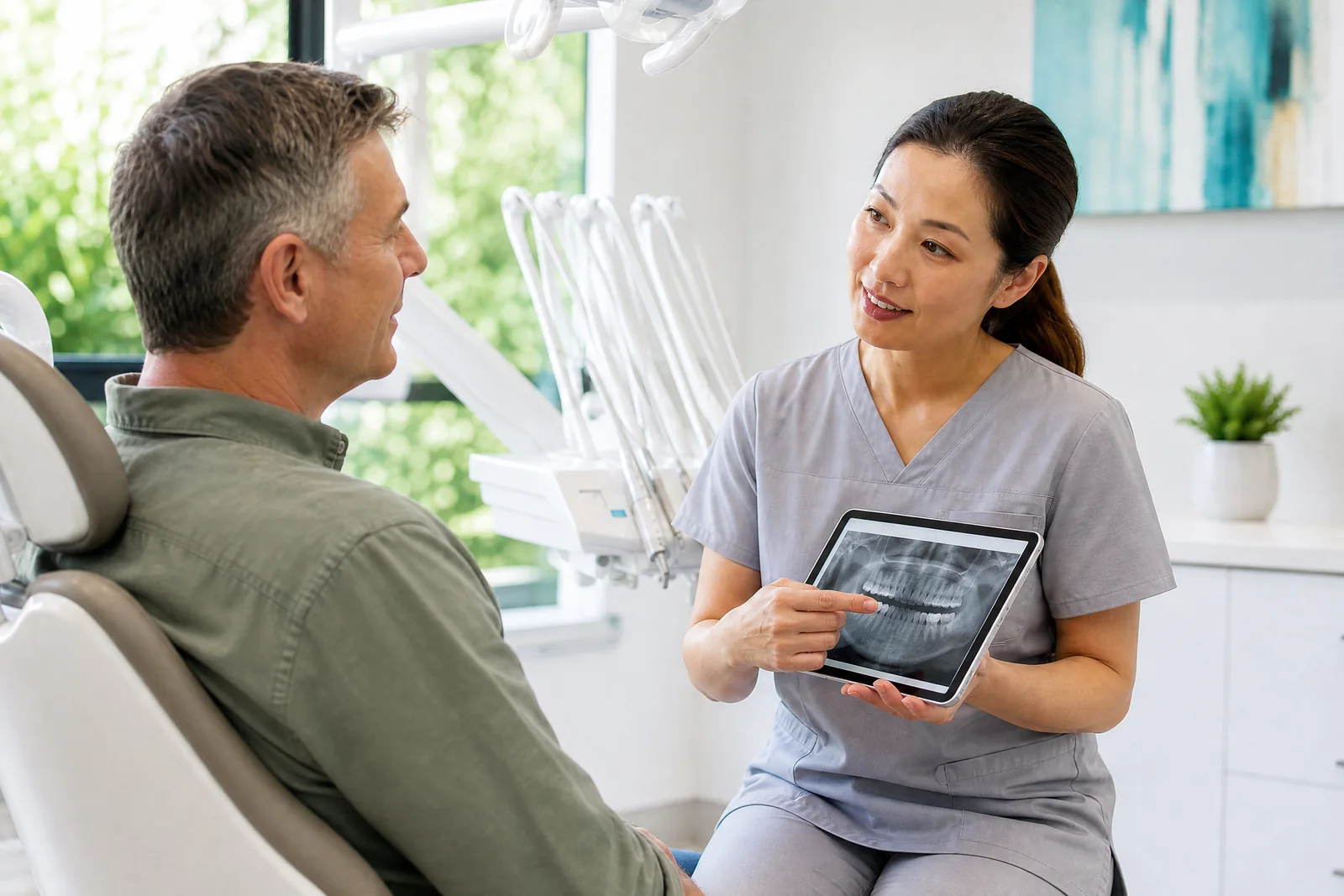 A compassionate dentist discussing a personalised treatment plan with a patient.